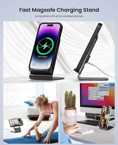 شاحن لاسلكي لشاحن Magsafe، حامل شحن سريع بقدرة 15 وات كحد أقصى لهواتف iPhone 13/13 Pro/13 Pro Max/Mini/12/12 Pro/12 Pro Max/11/XS/8 مع شاحن QC3.0 (أسود) in Saudi Arabia