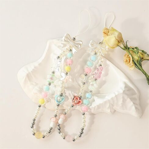 2PCS Phone Charm Y2K Phone Charms Strap Crystal Butterfly Flower Pearl Beaded Phone Lanyard Jewelry Phone Chain for Girls Women in Kuwait
