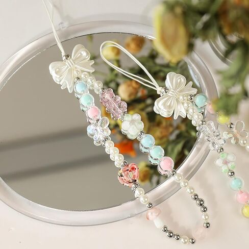 2PCS Phone Charm Y2K Phone Charms Strap Crystal Butterfly Flower Pearl Beaded Phone Lanyard Jewelry Phone Chain for Girls Women in Kuwait