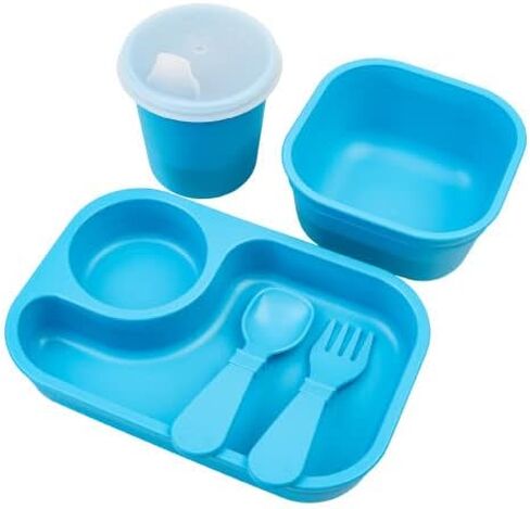 Re-Play 5pc Tiny Dining Set Feeding Supplies for Babies and Toddlers, Includes Food Tray, Cup, Bowl, Utensils, Made in USA from BPA Free Recycled Milk Jugs, Microwave & Dishwasher Safe - Sky in Saudi Arabia