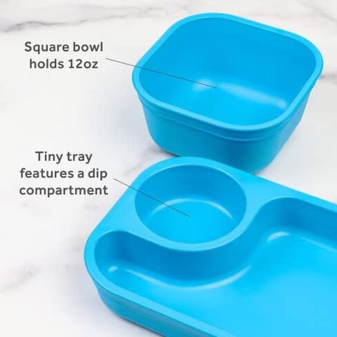 Re-Play 5pc Tiny Dining Set Feeding Supplies for Babies and Toddlers, Includes Food Tray, Cup, Bowl, Utensils, Made in USA from BPA Free Recycled Milk Jugs, Microwave & Dishwasher Safe - Sky in Saudi Arabia