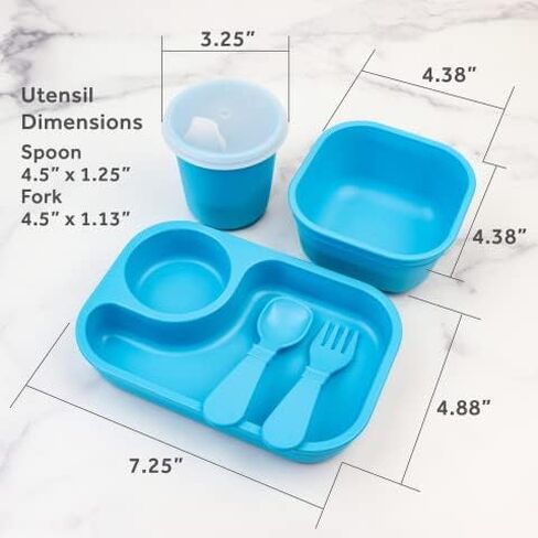 Re-Play 5pc Tiny Dining Set Feeding Supplies for Babies and Toddlers, Includes Food Tray, Cup, Bowl, Utensils, Made in USA from BPA Free Recycled Milk Jugs, Microwave & Dishwasher Safe - Sky in Saudi Arabia