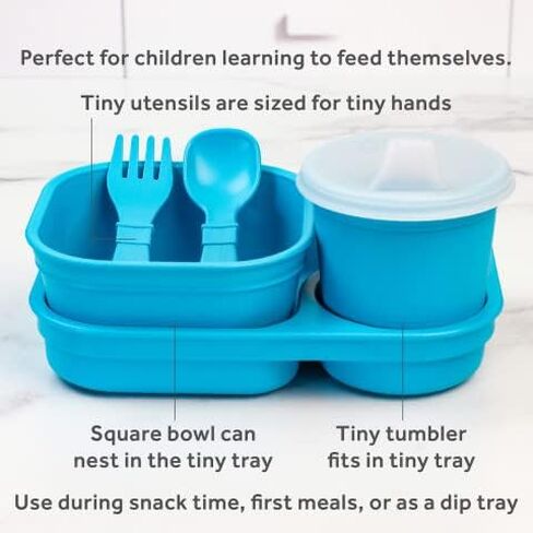 Re-Play 5pc Tiny Dining Set Feeding Supplies for Babies and Toddlers, Includes Food Tray, Cup, Bowl, Utensils, Made in USA from BPA Free Recycled Milk Jugs, Microwave & Dishwasher Safe - Sky in Saudi Arabia