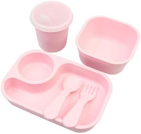 Re-Play 5pc Tiny Dining Set Feeding Supplies for Babies and Toddlers, Includes Food Tray, Cup, Bowl, Utensils, Made in USA from BPA Free Recycled Milk Jugs, Microwave & Dishwasher Safe - Sky in Saudi Arabia