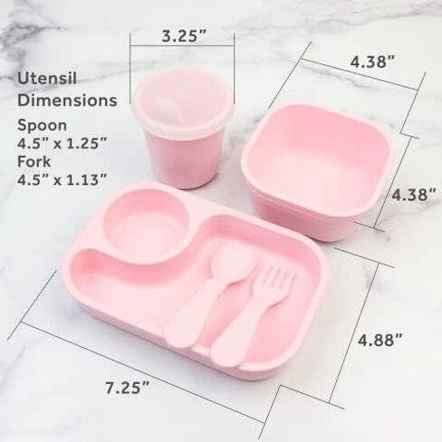 Re-Play 5pc Tiny Dining Set Feeding Supplies for Babies and Toddlers, Includes Food Tray, Cup, Bowl, Utensils, Made in USA from BPA Free Recycled Milk Jugs, Microwave & Dishwasher Safe - Sky in Saudi Arabia
