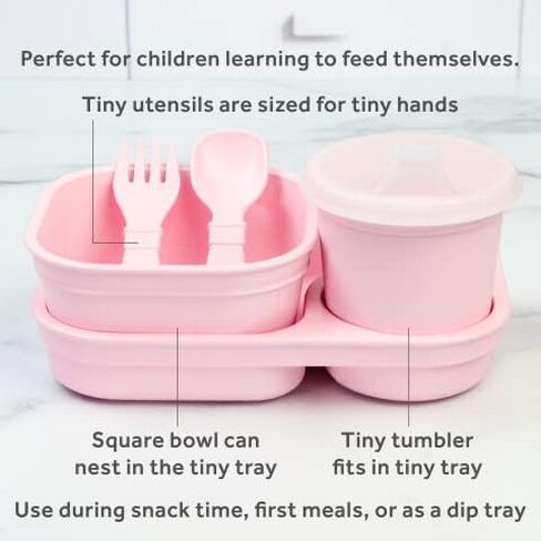 Re-Play 5pc Tiny Dining Set Feeding Supplies for Babies and Toddlers, Includes Food Tray, Cup, Bowl, Utensils, Made in USA from BPA Free Recycled Milk Jugs, Microwave & Dishwasher Safe - Sky in Saudi Arabia