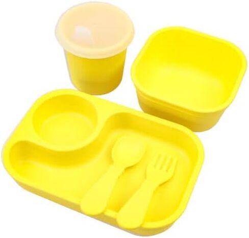 Re-Play 5pc Tiny Dining Set Feeding Supplies for Babies and Toddlers, Includes Food Tray, Cup, Bowl, Utensils, Made in USA from BPA Free Recycled Milk Jugs, Microwave & Dishwasher Safe - Sky in Saudi Arabia
