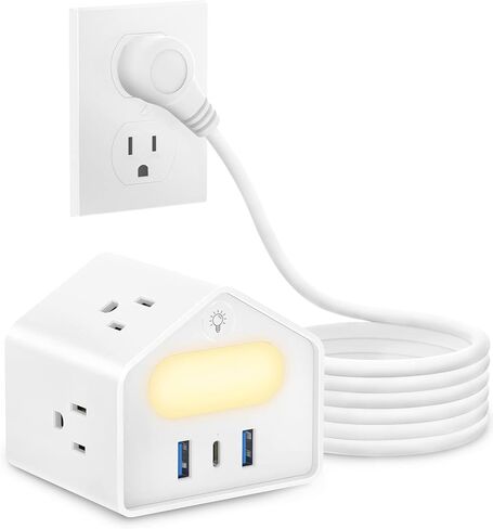 شريط طاقة USB C بقوة 18 واط مع ضوء ليلي، سلك تمديد بطول 6 أقدام مع منافذ متعددة، قابس مسطح HAFINO 4 منافذ مع 3 منافذ شحن USB لأساسيات المكتب المنزلي في غرفة النوم، أبيض in Saudi Arabia