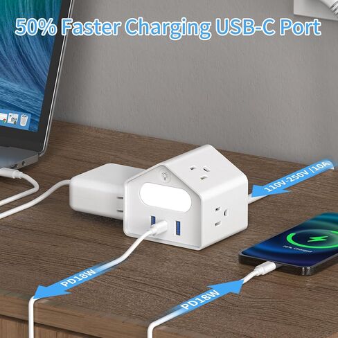 شريط طاقة USB C بقوة 18 واط مع ضوء ليلي، سلك تمديد بطول 6 أقدام مع منافذ متعددة، قابس مسطح HAFINO 4 منافذ مع 3 منافذ شحن USB لأساسيات المكتب المنزلي في غرفة النوم، أبيض in Saudi Arabia