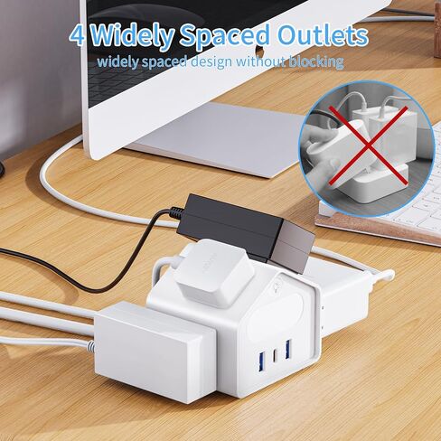 شريط طاقة USB C بقوة 18 واط مع ضوء ليلي، سلك تمديد بطول 6 أقدام مع منافذ متعددة، قابس مسطح HAFINO 4 منافذ مع 3 منافذ شحن USB لأساسيات المكتب المنزلي في غرفة النوم، أبيض in Saudi Arabia