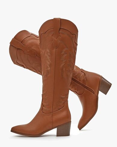 Coutgo Womens Cowgirl Boots Western Knee High Tall Boots Embroidered Chunky Heel Pointed Toe Zipper Dress Boots in Saudi Arabia