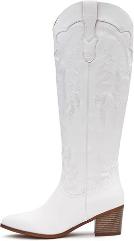 Coutgo Womens Cowgirl Boots Western Knee High Tall Boots Embroidered Chunky Heel Pointed Toe Zipper Dress Boots in Saudi Arabia