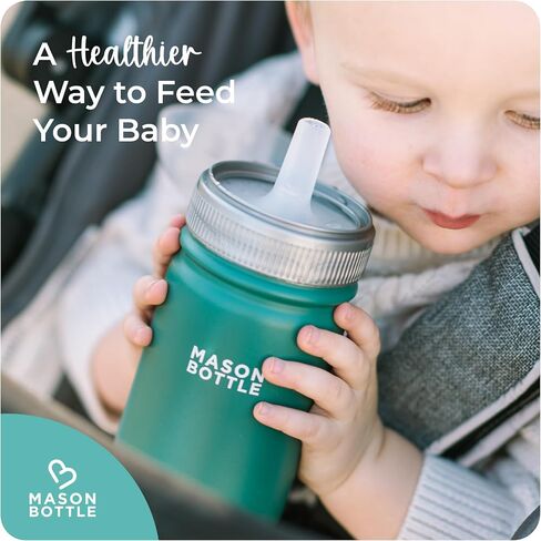 Mason Bottle Stainless Steel Straw Cup, Light-Weight, Single-Wall - Includes 1 Stainless Steel Mason Jar, 1 Ring & Cap, 1 Straw Top (Green) in Kuwait