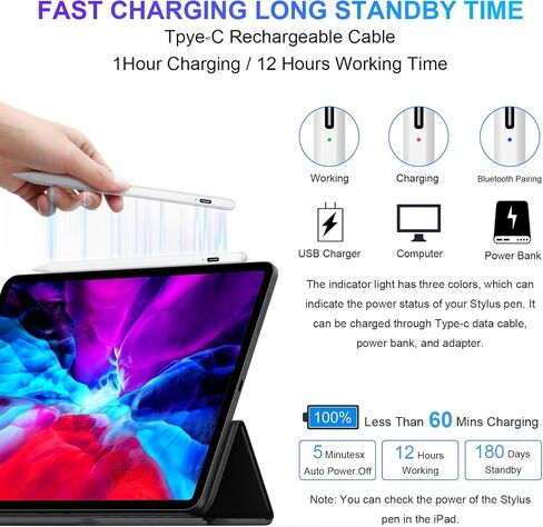 Stylus Pen for iPad 2018-2024,Bluetooth Apple iPad Pencil Compatible with iPad 10/9/8/7th Gen,iPad Mini 6/5th,iPad Air 3-5th,iPad Pro 11''/12,9'',iPad Stylus with 3 Nibs,Magnetic Wireless Charge,Black in Saudi Arabia