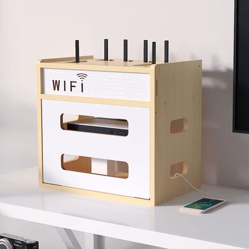 Wooden Router Shelf, Desktop WiFi Router Storage Box Modem Rack, Power Router Fences Standing Shelf Units, Cable Management Hider Box Organizer for Office and Home (Cherry Wood) in Saudi Arabia