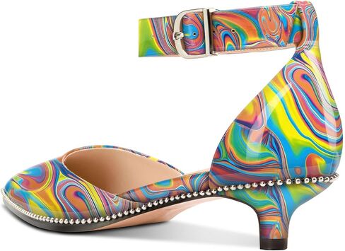 Womens Low Kitten Heel Pointed Toe Pumps Ankle Strap Two-Piece Buckle Silver Beaded Prom Dress Patent Leather 1.2 Inches Heels in Saudi Arabia