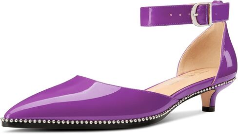 Womens Low Kitten Heel Pointed Toe Pumps Ankle Strap Two-Piece Buckle Silver Beaded Prom Dress Patent Leather 1.2 Inches Heels in Saudi Arabia