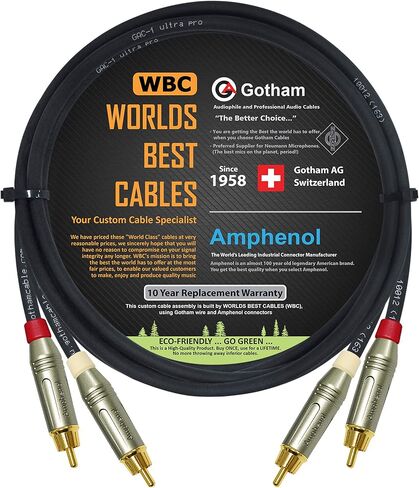 زوج كابل RCA بطول 2 قدم - Gotham GAC-1 Ultra Pro - كابل توصيل صوتي منخفض الغطاء (21pF/قدم) مع Amphenol ACPR Die-Cast، موصلات RCA مطلية بالذهب in Kuwait