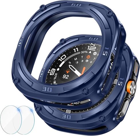Goton Rugged Bezel Case for Samsung Galaxy Watch Ultra Screen Protector 47mm - Soft TPU Bumper Face Cover + 2 Tempered Glass Film for Galaxy Watch 7 Ultra 47mm Accessories in Kuwait