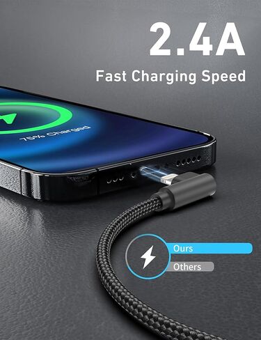 شاحن iPhone 90 درجة 1 قدم، 3 عبوات [معتمد من Apple MFi] كابل إضاءة بزاوية يمنى قصير مضفر شحن سريع، سلك شحن iPhone 1 قدم لهاتف iPhone 14 13 12 11 Pro Max Mini XR XS 8 SE iPad in Kuwait