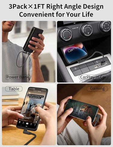 شاحن iPhone 90 درجة 1 قدم، 3 عبوات [معتمد من Apple MFi] كابل إضاءة بزاوية يمنى قصير مضفر شحن سريع، سلك شحن iPhone 1 قدم لهاتف iPhone 14 13 12 11 Pro Max Mini XR XS 8 SE iPad in Kuwait