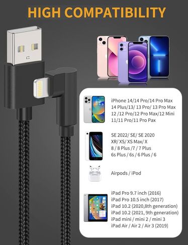 شاحن iPhone 90 درجة 1 قدم، 3 عبوات [معتمد من Apple MFi] كابل إضاءة بزاوية يمنى قصير مضفر شحن سريع، سلك شحن iPhone 1 قدم لهاتف iPhone 14 13 12 11 Pro Max Mini XR XS 8 SE iPad in Kuwait