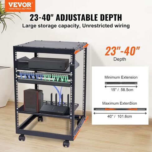 VEVOR 12U Server Rack,Open Frame Network Rack, Wall Mount Design with 2 Vented Rack Shelf & 4 Casters, 23''-40'' Adjustable Depth for Networking AV Gear & Mounting Hardware Audio in Saudi Arabia