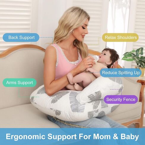 Nursing Pillow for Breastfeeding, Breastfeeding Essentials for Newborn, More Support for Mom and Baby, with Adjustable Waist Strap and Removable Cotton Cover (Big Leaves) in Saudi Arabia