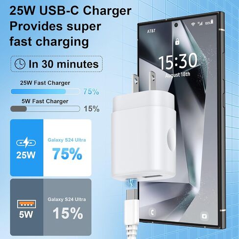 شاحن سامسونج 25 واط، كتلة شحن فائقة السرعة لهاتف Galaxy A35 5G/A14 5G/A54/S24 Ultra Plus، محول شاحن جداري مزدوج المنفذ PD صندوق مكعب مع كابل USB C إلى USB C بطول 6 أقدام لـ Google Pixel 8Pro/8a/8/7/6 in Kuwait