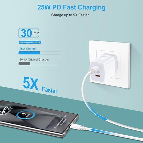 شاحن سامسونج فائق السرعة 25 وات من النوع C لهاتف Galaxy A35 5G/A15/A55/A25/A14/A54/A13/S24/S23 FE/S22/S21FE/S20/Z Flip 6 5، iPhone 15، شاحن حائط USB C بمنفذ مزدوج سريع كتلة الشحن وكابل هاتف Android بطول 6 أقدام in Kuwait