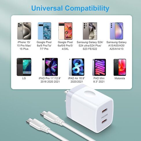 شاحن سامسونج فائق السرعة 25 وات من النوع C لهاتف Galaxy A35 5G/A15/A55/A25/A14/A54/A13/S24/S23 FE/S22/S21FE/S20/Z Flip 6 5، iPhone 15، شاحن حائط USB C بمنفذ مزدوج سريع كتلة الشحن وكابل هاتف Android بطول 6 أقدام in Kuwait