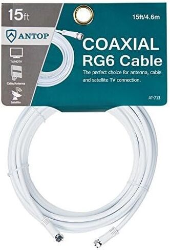 Antop 15ft RG6 كابل محوري، تمديد كابل هوائي التلفزيون الرقمي، مناسب للهوائي، مودم الكابل، أجهزة استقبال القنوات الفضائية in Kuwait