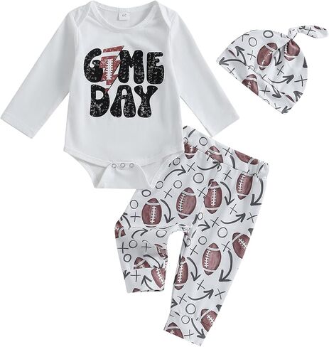 Canrulo Newborn Baby Boy Football Outfit Letter Print Long Sleeve Romper Football Elastic Pants Hat 3Pcs Set Fall Clothes in Saudi Arabia