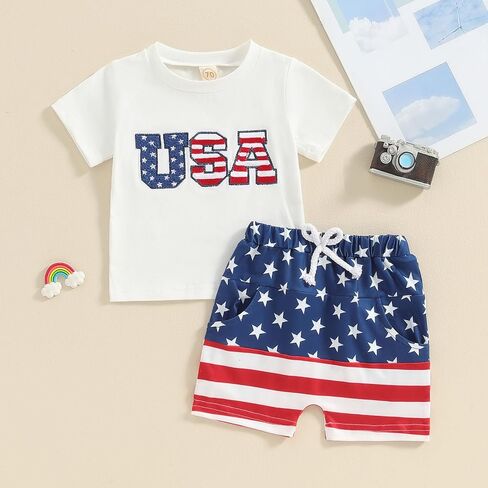 Baby Boy Summer Clothes 4th oF July Outfit Short Sleeve Letter Embroidered T-shirt And Shorts Independence Day Set in Saudi Arabia