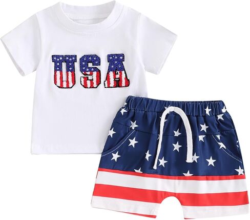 Baby Boy Summer Clothes 4th oF July Outfit Short Sleeve Letter Embroidered T-shirt And Shorts Independence Day Set in Saudi Arabia