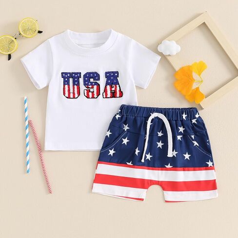 Baby Boy Summer Clothes 4th oF July Outfit Short Sleeve Letter Embroidered T-shirt And Shorts Independence Day Set in Saudi Arabia
