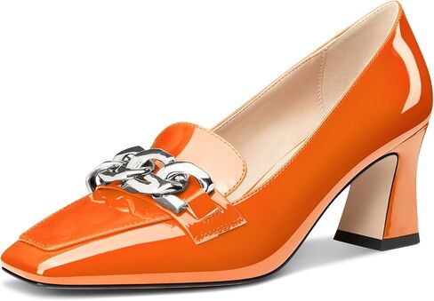 HDEUOLM Womens Heeled Loafers for Women Chunky Block Mid Heel Square Toe Pumps Loafers Shoes Slip-on Metal Chain Office Classic 2.8 Inches Heels in Saudi Arabia