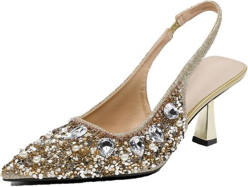 Women'S Sparkly Rhinestone Kitten Heeled Slingback Pumps with Ankle Strap Slip-On Stiletto Heels Closed Pointed Toe Sandals Popular Formal Party Wedding Dating Dress Shoes in Saudi Arabia