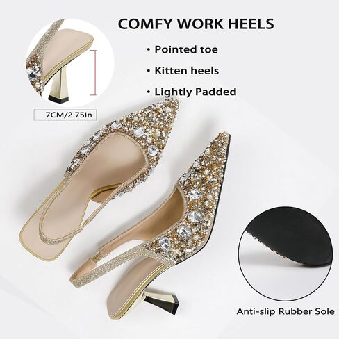 Women'S Sparkly Rhinestone Kitten Heeled Slingback Pumps with Ankle Strap Slip-On Stiletto Heels Closed Pointed Toe Sandals Popular Formal Party Wedding Dating Dress Shoes in Saudi Arabia