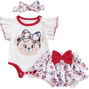 Infant Baby Girl 4th of July Outfit Short Sleeve Romper + Ruffle Shorts Set Cute Fourth of July Clothes