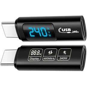 USB C Adapter, 2Pack 240W USB C Male to USB C Female Extension Adapter Type C Power Meter Tester with Digital Display for iPad Pro iPhone 15 Pro Max MacBook Laptop and All USB C Cable(USB 4.0)