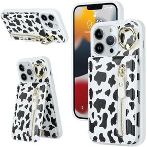 iPhone 13 pro case with Card Holder, iPhone 13 pro Phone Case Wallet for Women magsafe Compatible Wallet Detachable 2-in-1 for Men-White Leopard