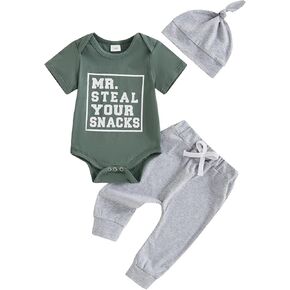 Newborn Baby Boy Clothes Short Sleeve Letter Print Romper and Elastic Waist Pants with Hat Coming Home Outfit