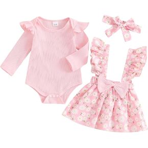 SHIBAOZI Newborn Baby Girl Clothes Ruffle Solid Ribbed Knit Bodysuit Romper Floral Bow Suspender Skirt Fall Winter Outfits