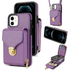 Compatible with iPhone 12 Pro iPhone12 6.1 Wallet Case Crossbody Strap Leather Zipper Credit Card Holder Clasp Stand Cell Accessories Phone Cover for iPhone12pro 5G i 12s 12pro Women Men Black