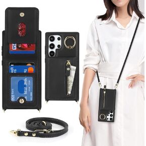 for Samsung Galaxy S24 Ultra Wallet Case with Card Holder, for Galaxy S24 Ultra Case Wallet with Strap Credit Card Slot, Crossbody Bag with Zipper Case for Galaxy S24 Ultra - White Leopard