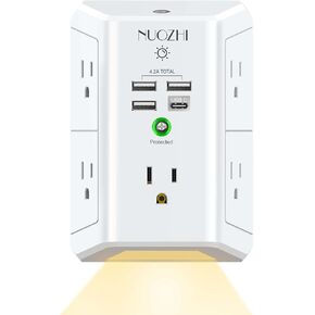 Surge Protector Power Strip, USB Wall Charger with Night Light, NUOZHI 5-Outlet Extender with 4 USB Ports(1USB C), 1680 Joules Multi Plug Outlet with Spaced Outlets for Home, Office, ETL, White in Kuwait