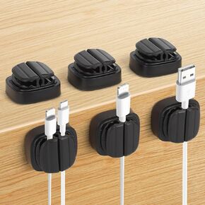 6pcs Cord Organizer, Adjustable Spring Cable Clips Holder Adhesive Cable Management Clips 3-in-1 Wire Organizer Keeper for Charger Wire USB Cord Home Office Car Wall Desk Phone (Black)