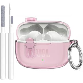 OTOPO متوافق مع JBL Vibe Beam 2/Beam/Vibe 200TWS غطاء حافظة شفاف بمشبك قفل مع مجموعة منظف، غطاء حماية شفاف من مادة TPU للرجال والنساء مع حلقة تسلق لحقيبة شحن JBL Vibe Beam 2 - وردي in Kuwait
