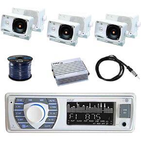 Pyle PLRMR23BTW BT Marine Receiver Stereo w/Pyle 3.5" 200W 3-Way Weather Proof Mini Box Speakers(3-Pairs), Pyle 4-Chan 400W WP Marine Amp, Enrock Marine Antenna & Enrock Marine 50' 16G Speaker Wire